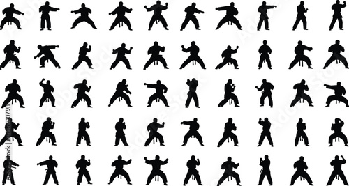 Large collection of black silhouettes depicting karate fighter poses, martial arts man in kimono with belt, vector illustration isolated on white background.