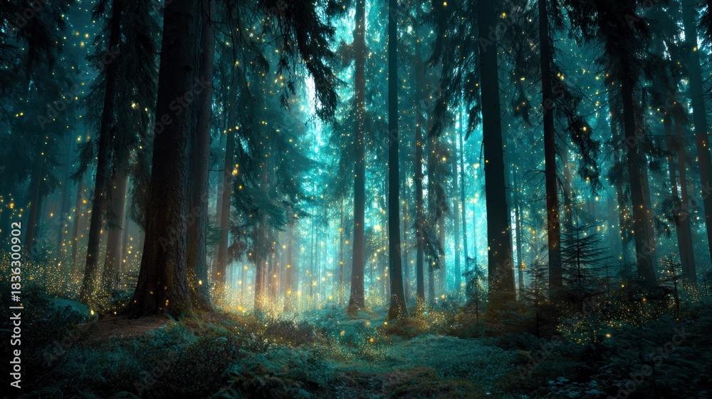Obraz premium A mystical forest with tall trees, glowing fireflies, and a path leading through the undergrowth. The scene is bathed in a soft, ethereal light, creating a sense of wonder and tranquility.