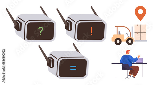 Robots displaying question, exclamation, and equal signs, forklift moving boxes, operator using computer with location pin. Ideal for logistics, automation, technology, operations problem-solving