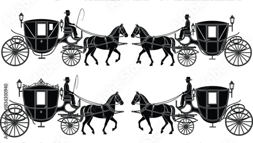 Set of vintage black horse carriage silhouettes with coachman, vector illustration collection for wedding transport, royal travel, and historical graphic design concepts.