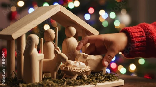 Child hand placing wooden sheep in nativity scene, reenacting Christmas story with Jesus, Mary, and Joseph figures