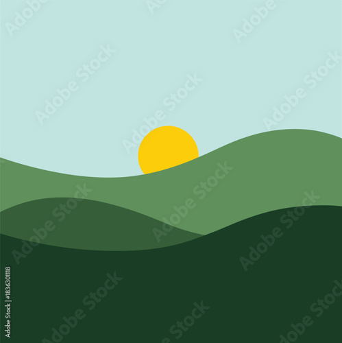 Minimalist landscape with rolling green hills and a bright sun rising