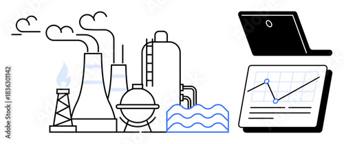 Factory with smoke stacks, water, and flame alongside a laptop displaying data analytics. Ideal for industry, monitoring, technology, analytics, environment automation strategy. Simple flat