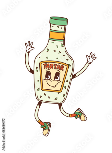 Cartoon groovy tartar sauce bottle character showcases fun and lively expression. Isolated vector glass pack retro personage with smiling face, exudes hippie y2k vibe ready for culinary experience