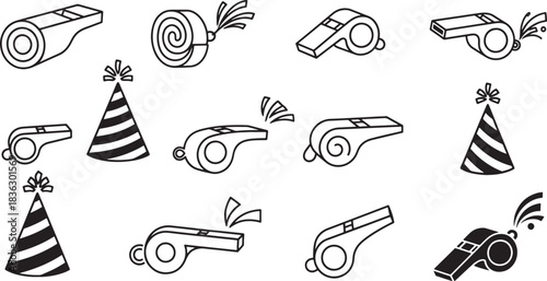 Festive Party Elements with Whistles Party Hats and Celebration Icons in Black and White Detailed Illustration
