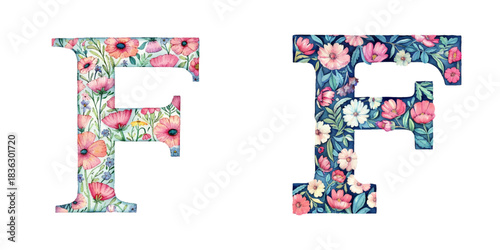 floral letter F watercolor vector illustration