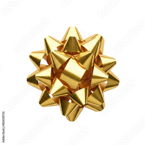 A single, perfectly formed star-shaped gift bow made of rich polished gold metallic ribbon, flat lay on a transparent background with soft shadow and ample copy space, high-end product