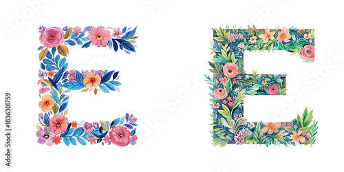 floral letter E watercolor vector illustration
