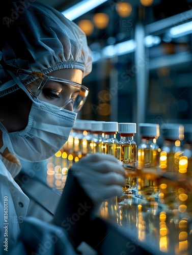 Laboratory Scientist Inspecting Vaccine Vials on Automated Production Line