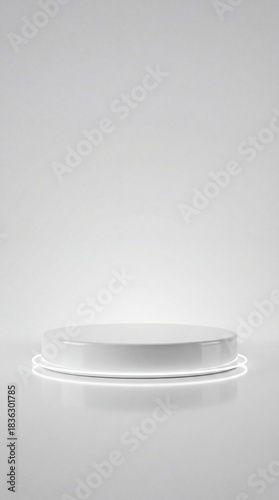 Bright White Minimal Round Podium with Soft Neon Ring Lighting. Clean Modern Studio For Product Display in Monochrome Luminosity Background. Vertical bg