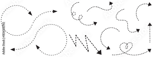 Curved Arrow Line Vector Set – Dotted Path, Direction, and Movement Design Icons