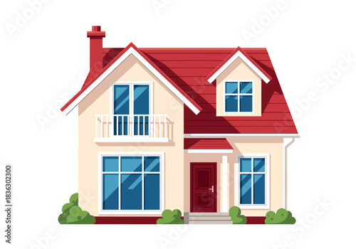 Charming two-story flat cartoon house with a red roof, balcony, and chimney, perfect for real estate, home ownership, family life, and architectural design concepts.