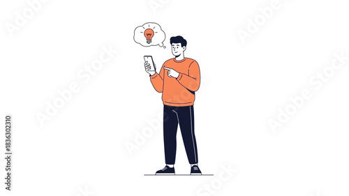 Man using smartphone with idea light bulb in speech bubble, creative thinking