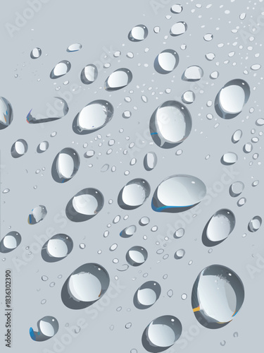 Abstract macro texture of clear blue raindrops on a wet transparent glass surface