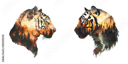 silhouette tiger head with forest scene inside watercolor vector illustration