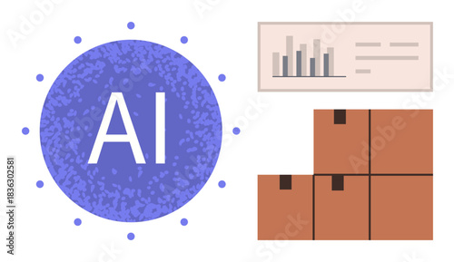 AI circle beside a bar chart and stacked boxes visualizing advanced automation in logistics. Ideal for technology, innovation, efficiency, supply chain, data, e-commerce, future concepts. Simple flat