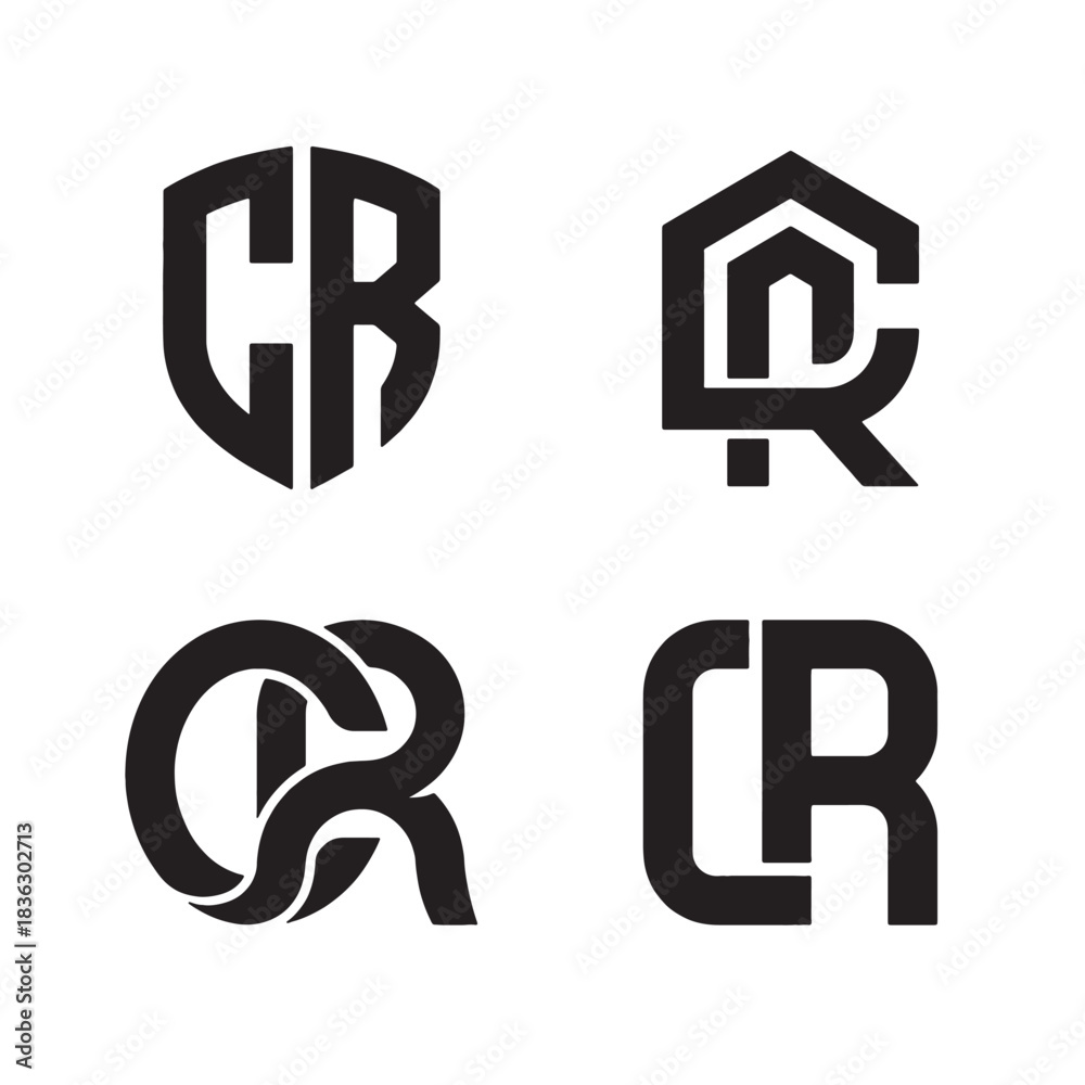 Obraz premium Modern corporate monogram logo set featuring sleek black CR letters for distinct brand identity and professional vector design.