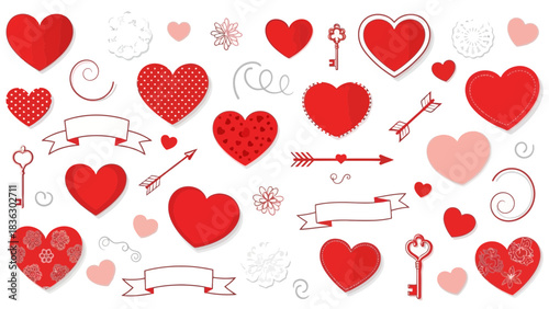Seamless Pattern of Red Hearts, Keys, Ribbons, Arrows and Swirls for Valentine's Day