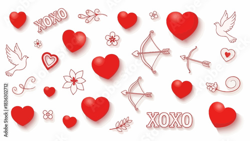 Valentine's Day themed seamless pattern with red hearts, flowers, doves, and cupid's bow