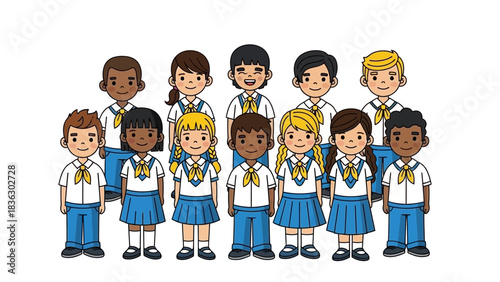 Diverse group of cartoon students standing in uniform for school vector illustration