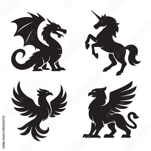 Mythical Creature Silhouette Logo Set – Dragon, Unicorn, Phoenix, Griffin