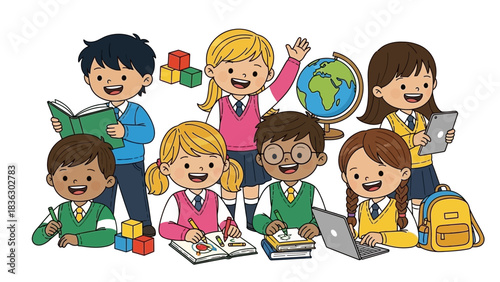 A group of diverse cartoon school children are depicted in an educational setting