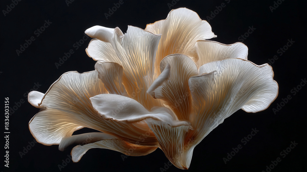 Fototapeta premium Close up of a cluster of oyster mushrooms with delicate gills on a dark background