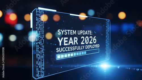 Futuristic transparent HUD screen displaying System Update Year 2026 Successfully Deployed