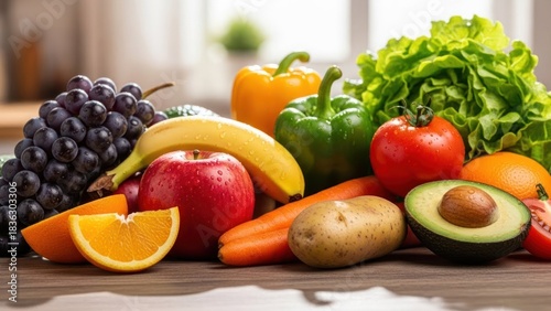 Fototapeta Naklejka Na Ścianę i Meble -  Assortment of fresh wet fruits and vegetables on a wooden surface.