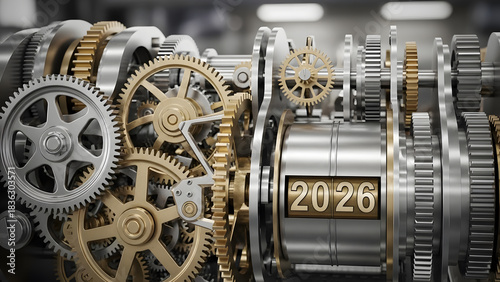 Industrial metal gears mechanism with mechanical counter displaying the year 2026