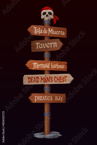 Pirate wooden sign board, corsair signage with pirate sailor skull and bandana, vector game UI. Cartoon wood post with old wooden planks and rocks. Treasure island, tavern and hidden booty sign boards