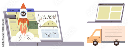 Rocket launching from a laptop showing progress charts and tasks, symbolizing project growth and efficiency. Ideal for productivity, innovation, startup, logistics, management, achievement, progress