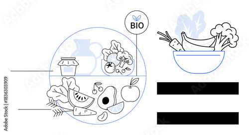 Assortment of fruits, vegetables, and organic products arranged with a bio label. Ideal for health, nutrition, organic living, sustainability, vegetarian, vegan lifestyle eco-conscious choices