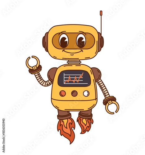 Robot, groovy retro cartoon droid or robotic cyborg with funny face, vector character. Flying retro robot or groovy space droid with rocket legs, funny robotic transformer droid with antenna