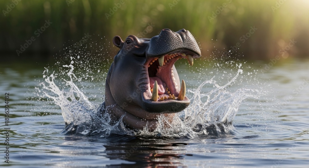 Fototapeta premium A large hippo bursts from water, mouth agape, creating a splash, with a blurred background