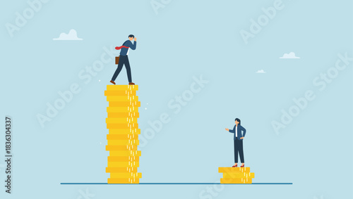 Businessman standing on much more paid money coins, woman on less small income coin. Gender pay gap, inequality between man and woman wage, salary or income, issue about gender diversification.