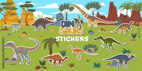 Prehistoric era dinosaur characters stickers pack. Extinct reptile vector patch. Alectrosaurus, Archaeornithomimus, Dravidosaurus and Ouranosaurus, Elaphrosaurus, Aralosaurus dinosaurs stickers