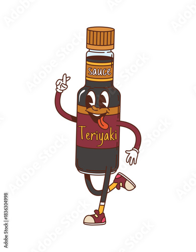 Cartoon groovy teriyaki sauce bottle character with cheerful smile, tongue out and crossed finger gesture. Vector retro food personage with funky y2k nostalgic vibes. Vintage condiment snack packaging