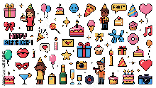 Birthday holiday 8bit pixel game icons and pictograms. Vector retro party set featuring cakes, balloons, gifts, party hats, drinks, and cheerful characters, exude celebrations or nostalgic events