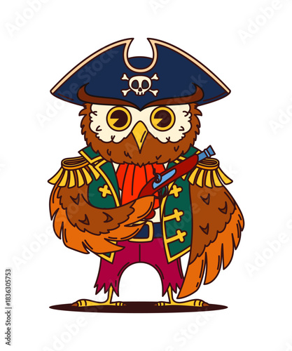 Cartoon owl animal pirate and corsair captain ship crew character wearing navy coat, tricorn hat and holding a gun. Vector owlet bird adventurous swashbuckler personage, ready for maritime adventures