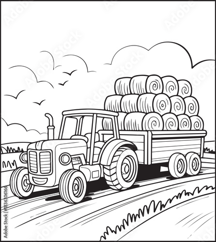 Tractor coloring page activity book for kids, black line art vector for design elements 