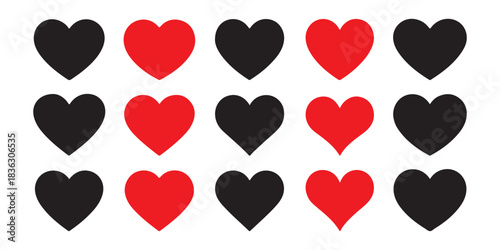 Red and black solid heart icons set in multiple rows representing love and affection on clean backdrop
