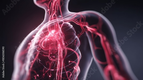A transparent human body with visible blood vessels and organs, highlighted in red, against a dark background. 