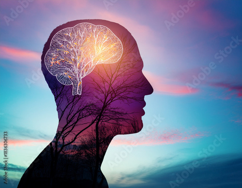 Silhouette of a Human Head with Glowing Brain at Sunset