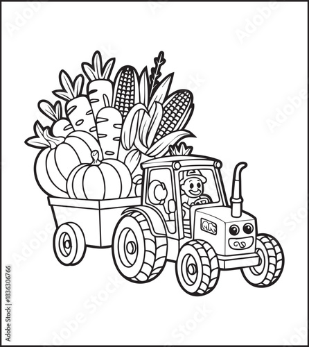 Tractor coloring page activity book for kids, black line art vector for design elements 
