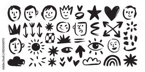 A varied collection of hand-drawn scribble icons featuring faces, arrows, stars, suns, hearts, and abstract symbols