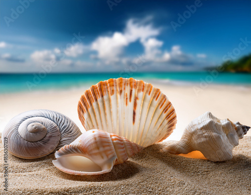 composition with beach water, sand, starfish and seashells. Summer vacations concept.