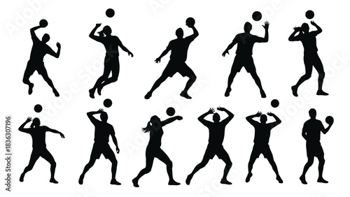 Silhouettes of volleyball players in various action poses, showcasing the sport's dynamic movements and athleticism.