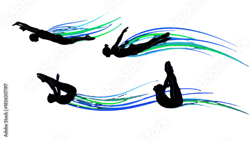 Four divers in silhouette performing acrobatic dives with colorful abstract water trails.
