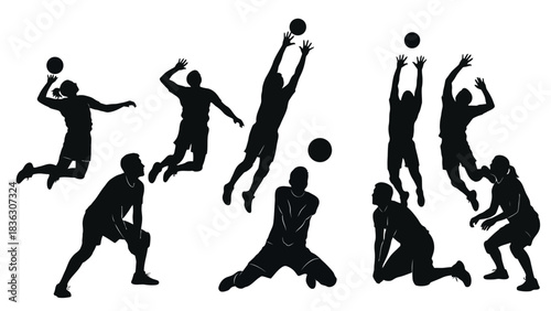 Silhouetted volleyball players in various positions, jumping, serving, and blocking the ball.
